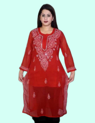 KKHANS SHERAS Women Embroidered Straight Kurta(Red)