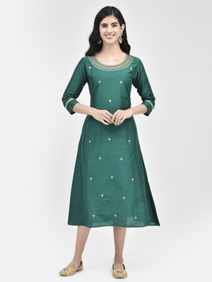 Span Women Self Design A-line Kurta(Green)