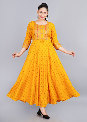 LH HANDICRAFTS Women Floral Print Anarkali Kurta(Yellow)