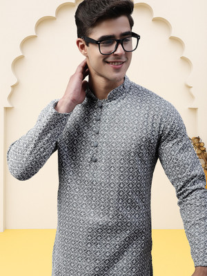 Jompers Men Embroidered Straight Kurta(Yellow)