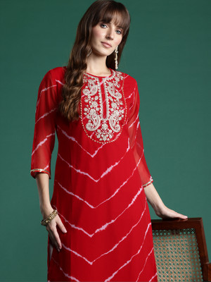 Indo Era Women Embroidered Straight Kurta(Red)