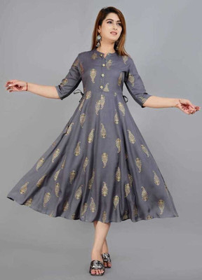 Smein Women Printed Flared Kurta(Grey)