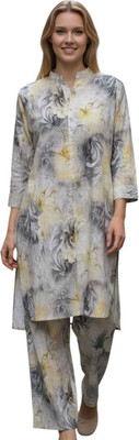 tecido trendze Women Floral Print, Printed Frontslit Kurta(Beige)