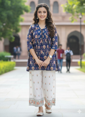Kisu Women Floral Print Anarkali Kurta(Blue)