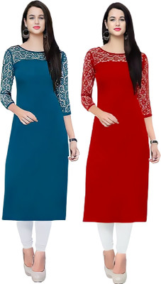 ZELZIS Women Solid Straight Kurta(Light Blue, Red)