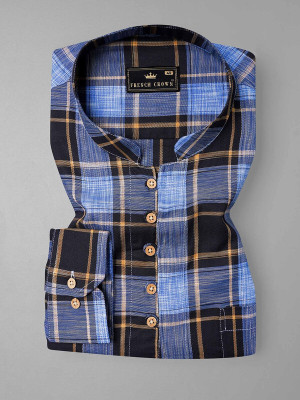 french crown Men Checkered Straight Kurta(Blue, Orange, Black)