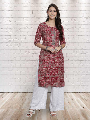 EthnicBasket Women Printed Straight Kurta(Maroon)