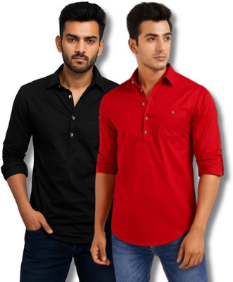 EchoWear Men Solid Straight Kurta(Black, Red)