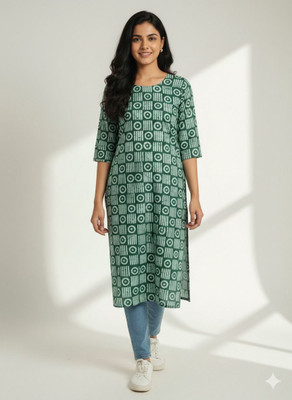 Ridacollection Women Geometric Print Straight Kurta(Dark Green)