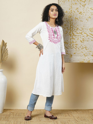 Globus Women Printed A-line Kurta(White)