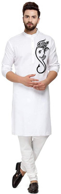Enmozz Men Printed Straight Kurta(White)