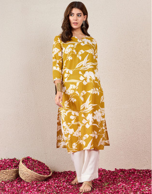 Skylee Women Printed Straight Kurta(Yellow, White)