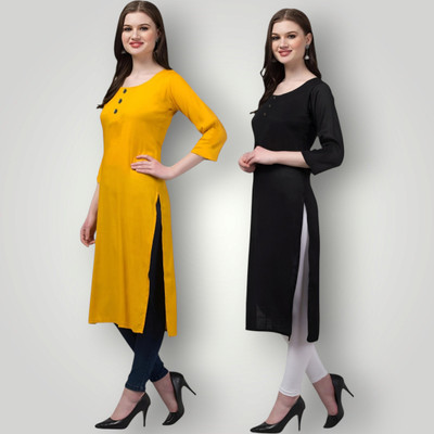 Coft Women Solid Straight Kurta(Black, Yellow)