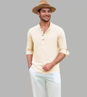 Classycollar Men Solid Straight Kurta(Beige)