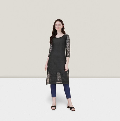 HOC's Women Self Design Straight Kurta(Black)