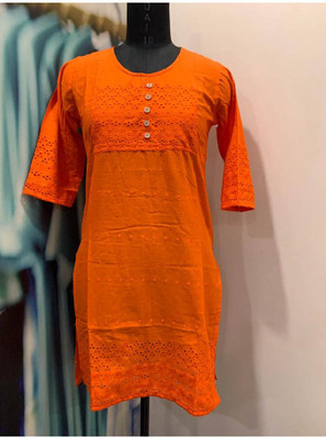 LEEZA Women Chikan Embroidery, Embroidered Straight Kurta(Orange)