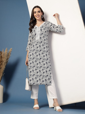 Anmi Printed Women Straight Kurta(Grey)