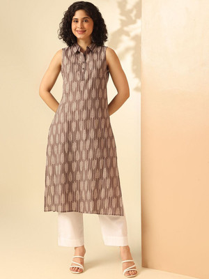 ANOUK Men Floral Print Straight Kurta(Brown)