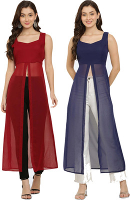 VESICLE Women Solid Frontslit Kurta(Maroon, Dark Blue)