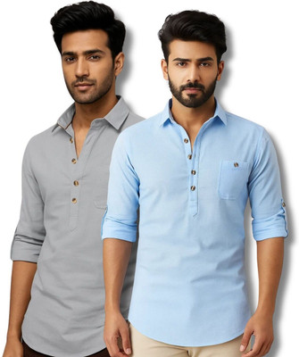 EchoWear Men Solid Straight Kurta(Grey, Light Blue)