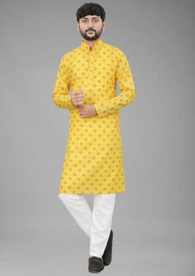 FRELURO Men Printed, Self Design Straight Kurta(Yellow)