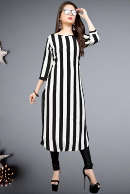 Maheshvi Women Striped Straight Kurta(Black)