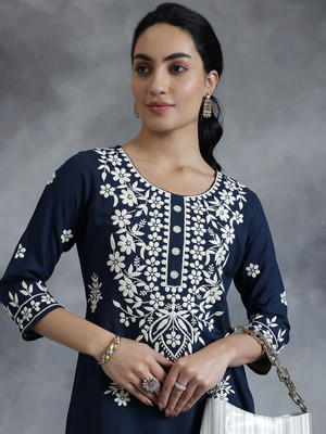 LIBAS Women Embroidered Straight Kurta(Dark Blue)