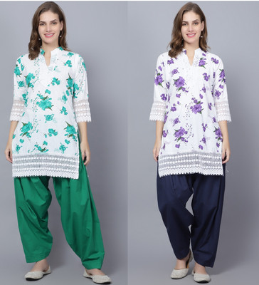 MyTrendzs Women Floral Print Straight Kurta(Green, Purple)