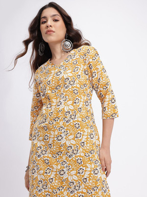 Anouk Rustic Women Floral Print Straight Kurta(Yellow)