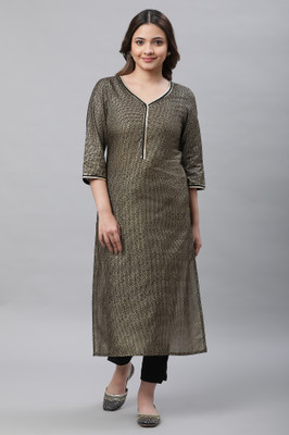Aurelia Women Geometric Print Straight Kurta(Black)