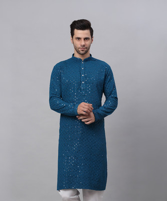 Jompers Men Chikan Embroidery Straight Kurta(Dark Blue)