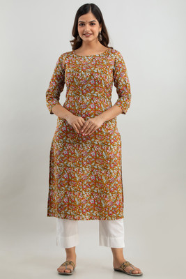 Loom Women Floral Print Straight Kurta(Brown)