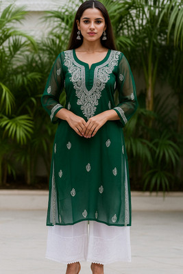 Neelam Chikan Women Chikan Embroidery Straight Kurta(Dark Green)