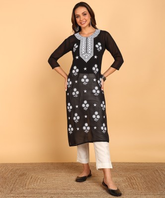 TOP N THREAD Women Chikan Embroidery, Embroidered, Floral Print, Self Design A-line Kurta(Black)