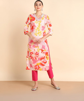 maaesa Women Embroidered Straight Kurta(Pink)