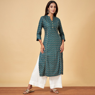 YU by Pantaloons Women Self Design Straight Kurta(Dark Green)