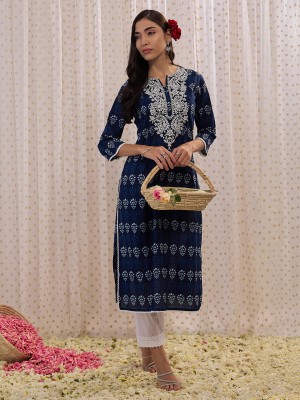 Indo Era Women Printed Straight Kurta(Dark Blue)