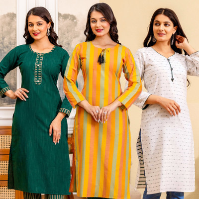 BILANZA Women Woven Design, Striped, Self Design Straight Kurta(Multicolor, White, Dark Green)