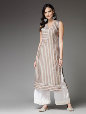 Stylum Women Striped Straight Kurta(Brown, White)
