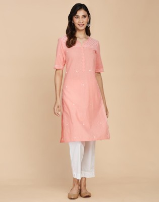 Fabindia Women Embroidered Straight Kurta(Pink)