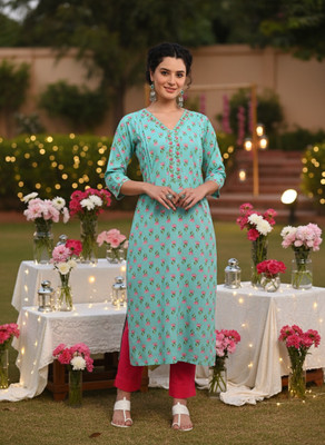maaesa Women Printed Straight Kurta(Blue)