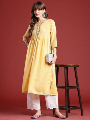 ANOUK Women Geometric Print A-line Kurta(Yellow)