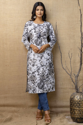 Tibra Attire Women Floral Print Straight Kurta(Grey)