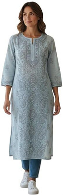 Eddika Women Embroidered Straight Kurta(Grey)