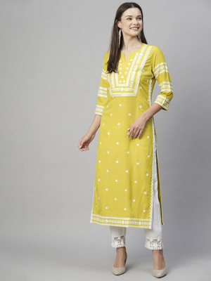HouseOfCommon Women Embroidered Straight Kurta(Yellow)