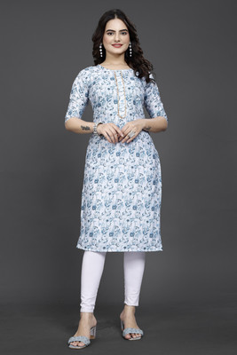 KASASKA Women Printed Straight Kurta(White)