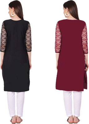 StylishKurtas Women Solid Straight Kurta(Black, Maroon)
