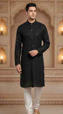 lmr threads Men Embellished, Self Design Straight Kurta(Black)