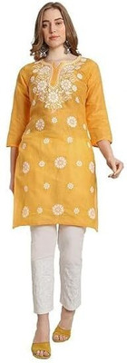 SIMNDER Women Chikan Embroidery A-line Kurta(Yellow)