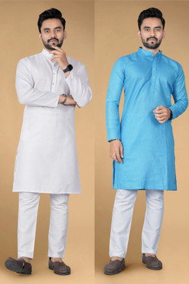 Ladyflock Men Self Design Straight Kurta(White, Light Blue)